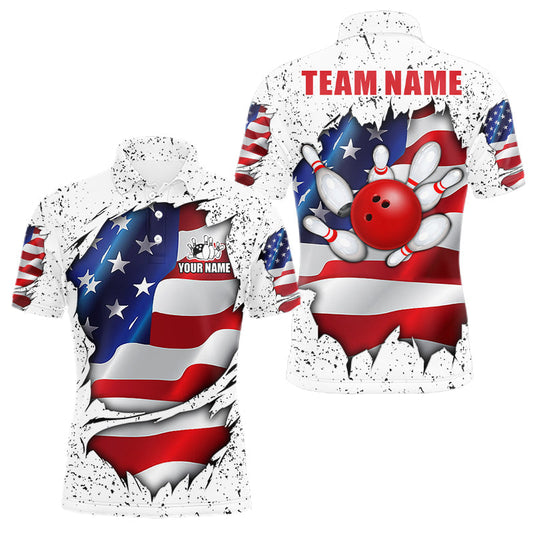Maxcorners White Grunge American Flag Bowling Shirt For Men, Custom Patriotic Bowling Jersey Polo & Quarter Zip LM2306