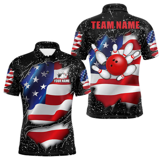 Maxcorners Black Grunge American Flag Bowling Shirt For Men, Custom Patriotic Bowling Jersey Polo & Quarter Zip LM2306