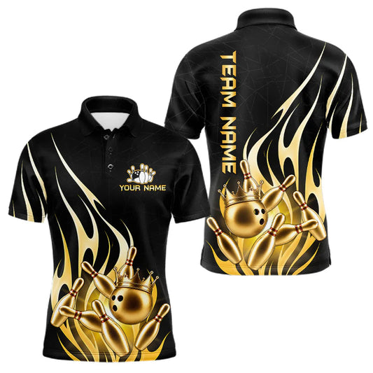 Maxcorners Black And Gold Bowling Ball Crown Shirt For Men, Custom Flame Bowling Team Jersey Polo & 1/4 Zip LM2306