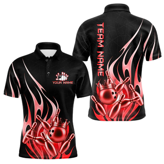 Maxcorners Black And Red Bowling Ball Crown Shirt For Men, Custom Flame Bowling Team Jersey Polo & 1/4 Zip LM2306