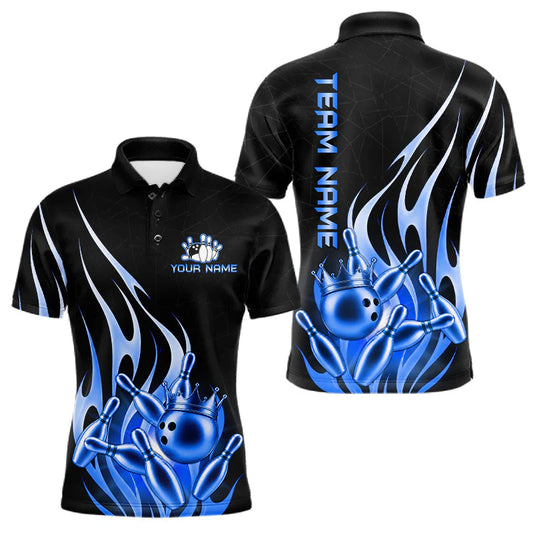 Maxcorners Black And Blue Bowling Ball Crown Shirt For Men, Custom Flame Bowling Team Jersey Polo & 1/4 Zip LM2306