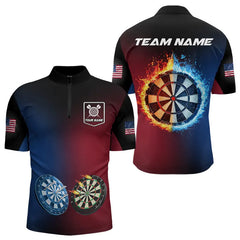 Maxcorners Blue And Red Dartoard Water Fire 3D Dart Polo & Quarter Zip Custom Dart Shirts For Men Dart Jerseys