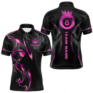 Maxcorners Custom Pink 8 Ball Pool Crown Billiard Shirts For Men, Billiard Team Jersey Polo & 1/4 Zip |Black LM2603