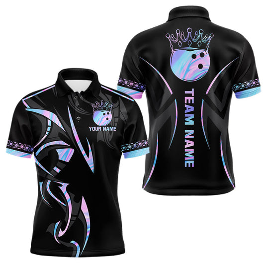 Maxcorners Custom Holographic Crown Bowling Ball Polo & Quarter Zip Shirt For Men, Bowling Team Jersey |Black LM2603
