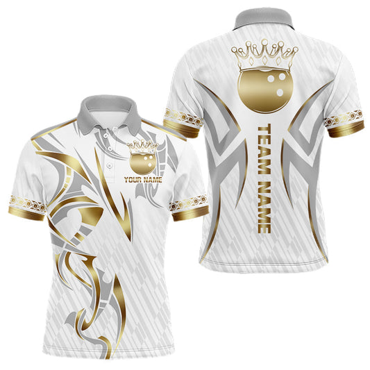 Maxcorners Custom Gold Bowling Ball Crown Bowling Shirt For Men, Bowling Team Jersey Polo & 1/4 Zip |White LM2603