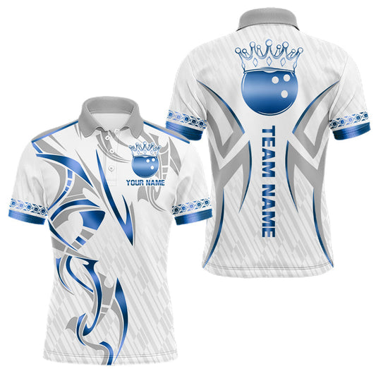 Maxcorners Custom Blue Bowling Ball Crown Bowling Shirt For Men, Bowling Team Jersey Polo & 1/4 Zip |White LM2603