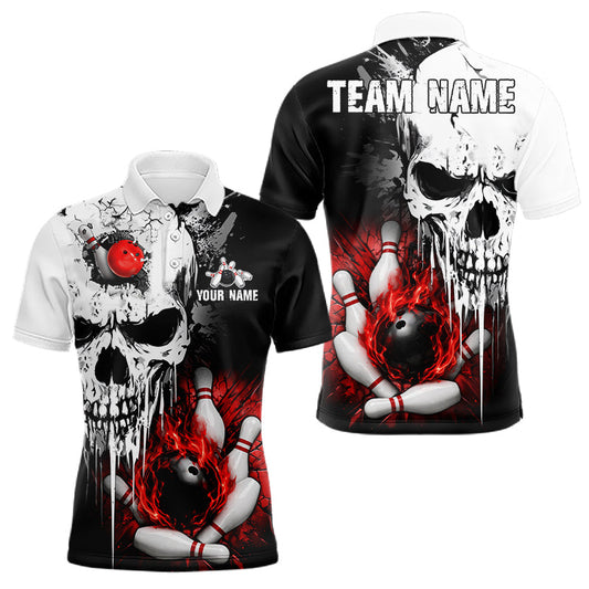 Maxcorners Personalized Red Grunge Skull Bowling Shirt For Men, Bowling League Team Jersey Polo & 1/4 Zip LM2704