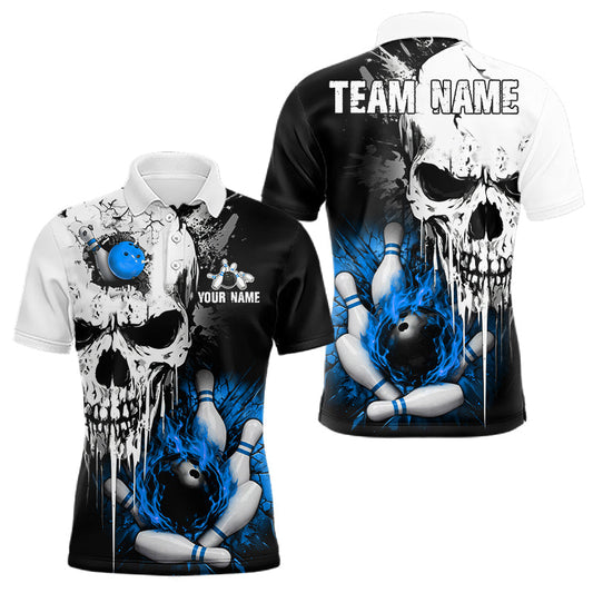 Maxcorners Personalized Blue Grunge Skull Bowling Shirt For Men, Bowling League Team Jersey Polo & 1/4 Zip LM2704