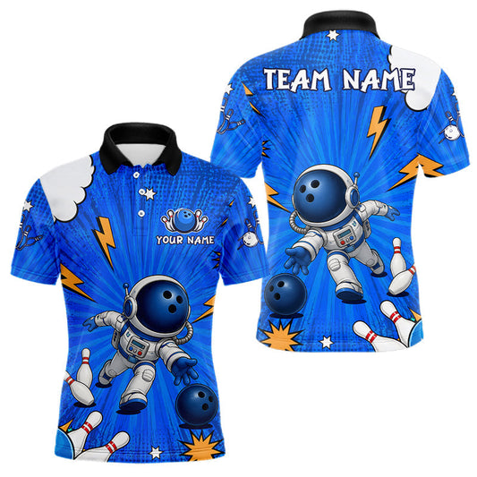 Maxcorners Blue Funny Astronaut Bowling Shirt For Men Custom Bowling Jersey, Bowling Uniform Polo & 1/4 Zip LM2704
