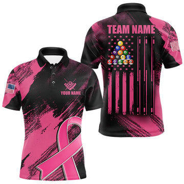 Maxcorners Pink Ribbon US Flag 8 Ball Billiard Shirts For Men Custom Breast Cancer Awareness Pool Team Jersey LM2607