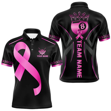 Maxcorners Pink Ribbon Crown 8 Ball Pool Breast Cancer Billiard Shirts For Men Custom Billiard Team Jersey LM2607