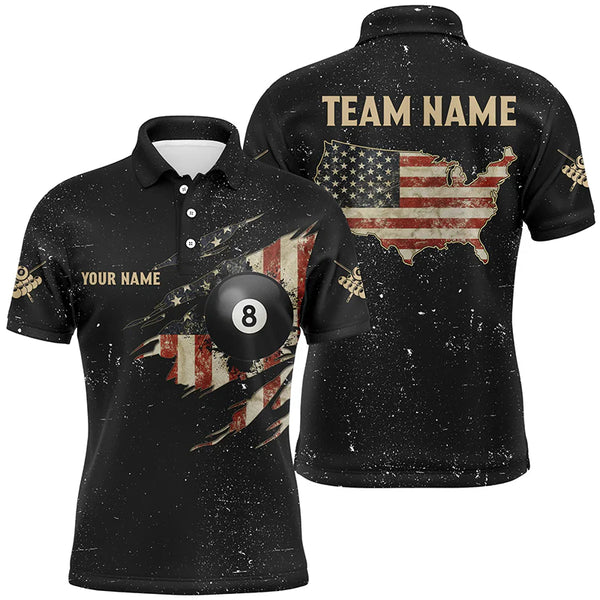 Maxcorners Personalized Grunge Retro USA Flag Billiard Men Polo Shirts, Patriotic Billiard Jerseys Uniform LM154