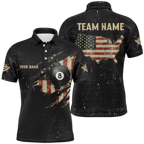 Maxcorners Personalized Grunge Retro USA Flag Billiard Men Polo Shirts, Patriotic Billiard Jerseys Uniform LM154