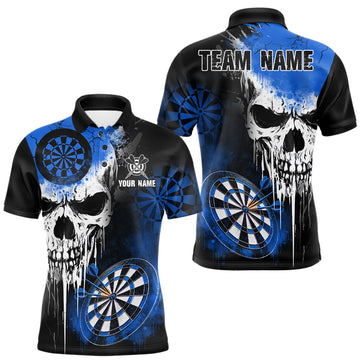 Maxcorners Personalized Blue Grunge Skull Darts Shirt For Men Custom Darts Jersey Team Polo & 1/4 Zip LM2704