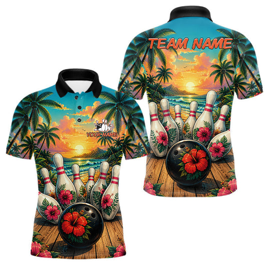 Maxcorners Personalized Hibiscus Summer Bowling Jersey, Ocean Scene Bowling Shirts Polo & Quarter Zip For Men LM2405