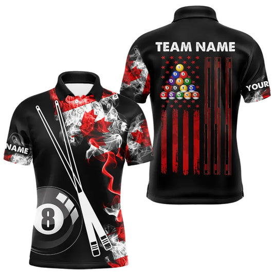 Maxcorners Personalized Canada Flag Smoke 8 Ball Pool Billiard Shirt For Men & Women, Patriotic Billiard Team Jersey