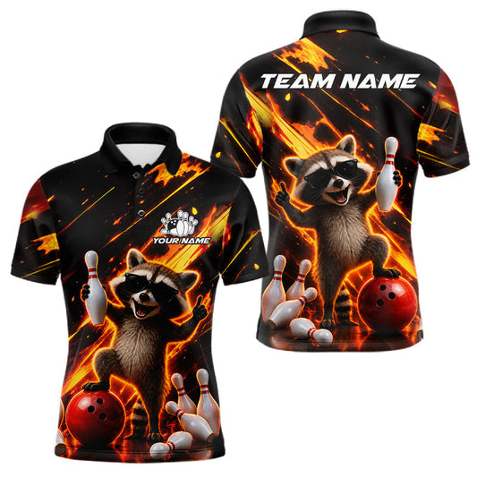 Maxcorners Funny Raccoon Flame Bowling Shirts For Men Custom Bowling Team Jersey Polo & 1/4 Zip, Bowling Gift LM2806