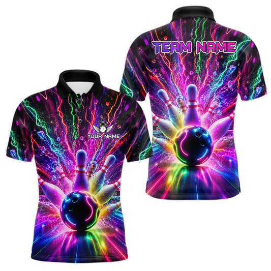 Maxcorners Colorful Bowling Jersey For Men Custom Glowing Bowling Team Shirt Polo & 1/4 Zip, Bowling Gifts LM2806
