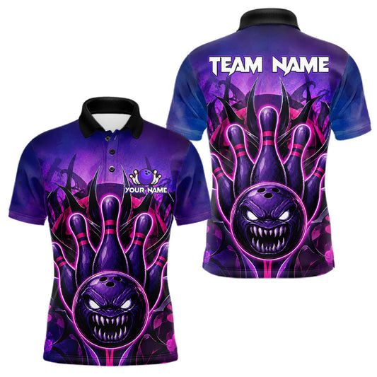 Maxcorners Purple Neon Monster Bowling Shirts For Men Custom Bowling League Team Jersey Polo & Quarter Zip LM2806