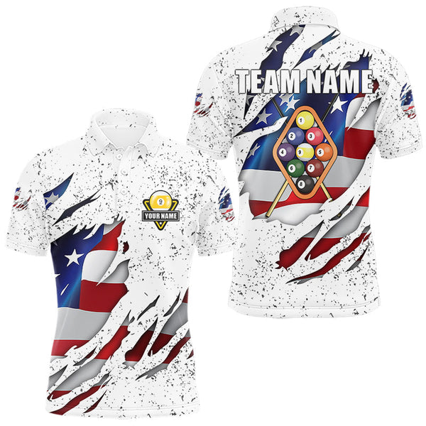 Maxcorners 9 Ball Pool US Flag White Grunge Custom Men's Billiard Shirt, Patriotic Billiard Team Jersey LM0611