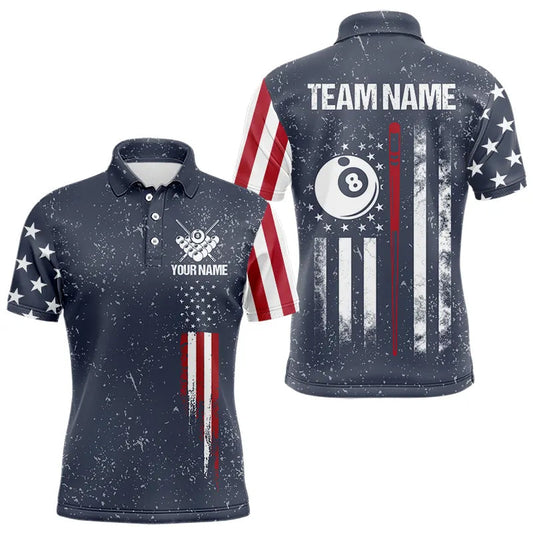 Maxcorners Grunge Navy American Flag 8 Ball Billiard Shirt For Men & Women Custom Patriotic Billiard Shirt Pool Jersey
