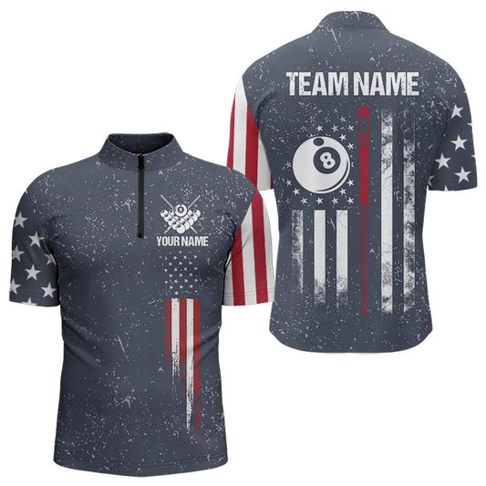 Maxcorners Grunge Navy American Flag 8 Ball Billiard Shirt For Men & Women Custom Patriotic Billiard Shirt Pool Jersey