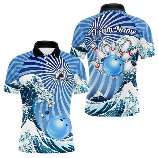 Maxcorners Custom Blue Funny Waves Ocean Bowling Shirt For Men, Bowling Team Jersey Polo & 1/4 Zip LM2603