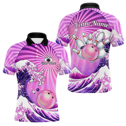 Maxcorners Pink And Purple Funny Waves Ocean Bowling Shirt For Men Custom Bowling Jersey Polo & 1/4 Zip LM2603