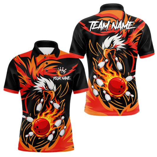 Maxcorners Custom Black And Orange Flame Eagle Bowling Shirts For Men, Bowling Team Jersey Polo & 1/4 Zip LM2806