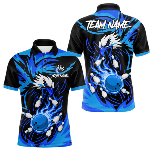 Maxcorners Custom Black And Blue Flame Eagle Bowling Shirts For Men, Bowling Team Jersey Polo & 1/4 Zip LM2806