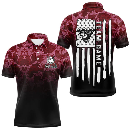 Maxcorners Black And Red Camo US Flag 8 Ball Billiard Shirt For Men Custom Pool Team Jersey Polo & 1/4 Zip