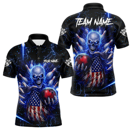 Maxcorners Blue Lightning US Flag Skull Bowling Shirt For Men Custom Bowling Team Jersey Polo & Quarter Zip LM0404