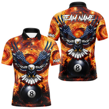 Maxcorners Custom Fire Flame 8 Ball US Flag Eagle Billiard Shirts For Men, Pool Team Jersey Polo & 1/4 Zip