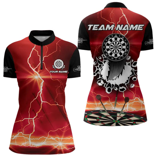 Maxcorners Funny Dartboard Thunder Lightning Custom Red Black Dart Shirt For Men, Dart Jerseys Polo & 1/4 Zip