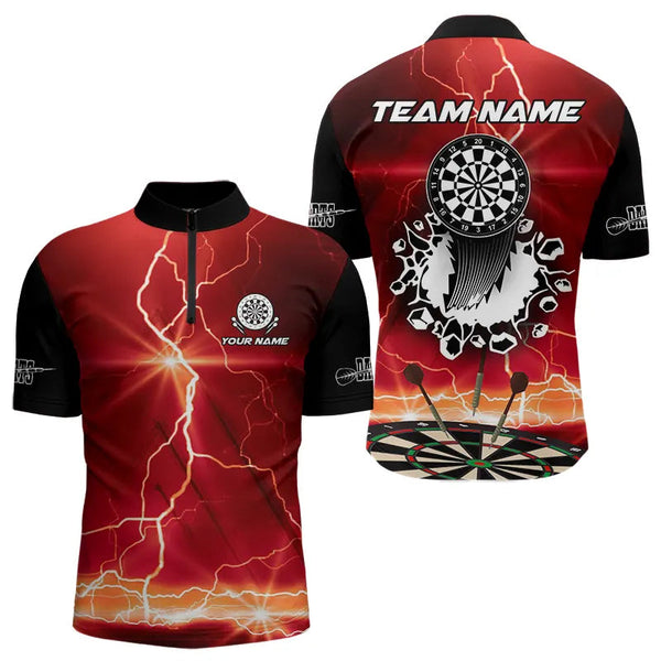 Maxcorners Funny Dartboard Thunder Lightning Custom Red Black Dart Shirt For Men, Dart Jerseys Polo & 1/4 Zip