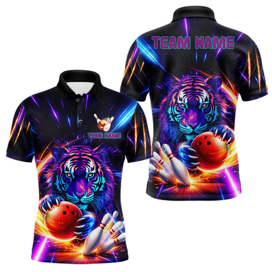 Maxcorners Custom Neon Blue And Purple Tiger Bowling Shirt For Men, Bowling Team Jersey Polo & 1/4 Zip Shirt LM1705
