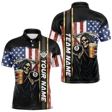 Maxcorners Grim Reaper With Beer Custom 8 Ball Billiard Shirt For Men, US Flag Pool Team Jersey Polo, 1/4 Zip