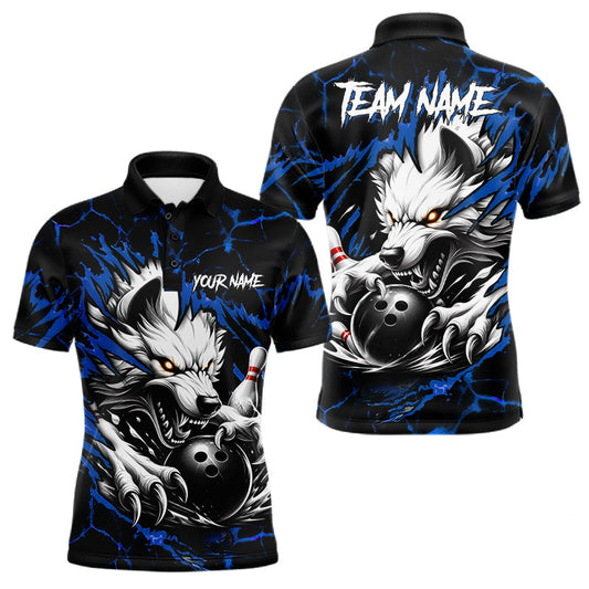 Maxcorners Black and Blue Custom Wolf Bowling Jersey for Men, Personalized Bowling League Team Shirt