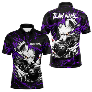 Maxcorners Black and Purple Custom Wolf Bowling Jersey for Men, Personalized Bowling League Team Shirt