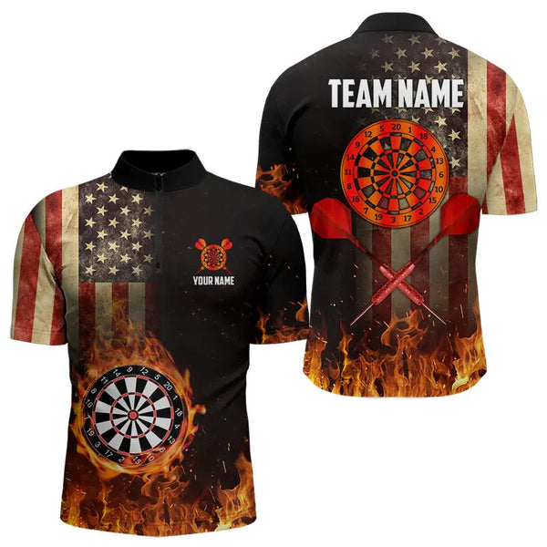Maxcorners Personalized Retro Us Flag Flame Dartboard Darts Shirt For Men, Patriotic American Dart Jerseys
