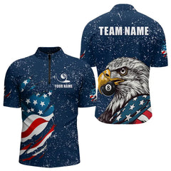 Maxcorners Blue Navy Grunge Eagle American Flag Custom Billiard Shirts For Men, Patriotic Billiard Team Shirts