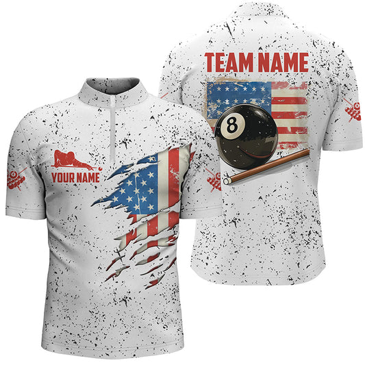 Maxcorners American Flag Grunge Style Billiard Polo Shirts For Men Custom Patriotic 8 Ball Billiard Shirts LM054