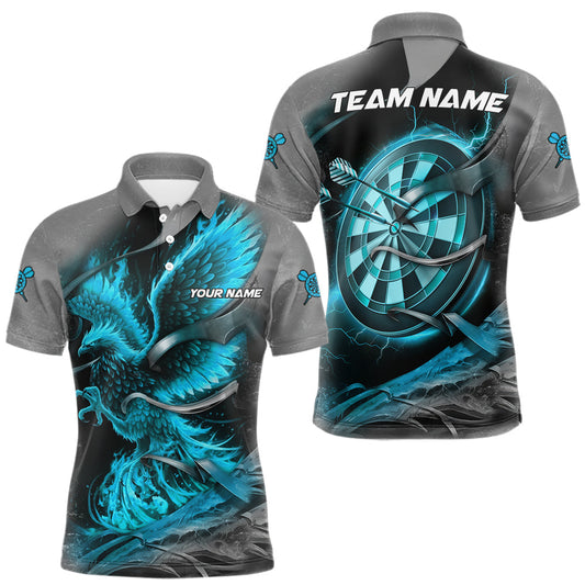 Maxcorners Personalized Phoenix Flame Darts Shirt For Men Custom Darts Team Jersey Polo & 1/4 Zip |Turquoise LM0101