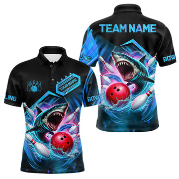 Maxcorners Personalized Blue Glowing Shark Bowling Shirts For Men Custom Bowling League Team Jersey Outfit LM0208