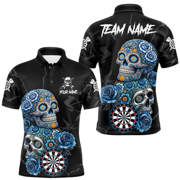 Maxcorners Personalized Blue Sugar Skull Darts Shirt For Men Custom Darts Jersey Team Polo & Quarter Zip LM0404