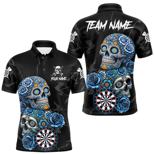 Maxcorners Personalized Blue Sugar Skull Darts Shirt For Men Custom Darts Jersey Team Polo & Quarter Zip LM0404