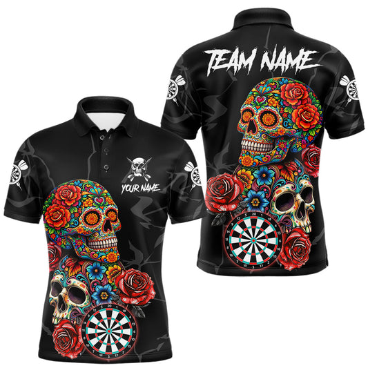 Maxcorners Personalized Colorful Sugar Skull Darts Shirt For Men Custom Darts Jersey Team Polo & Quarter Zip LM0404