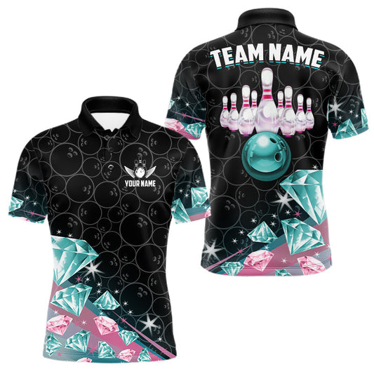 Maxcorners Custom Pink Turquoise Diamonds Bowling Shirt For Men, Glowing Bowling Team Jersey Polo & 1/4 Zip LM0404