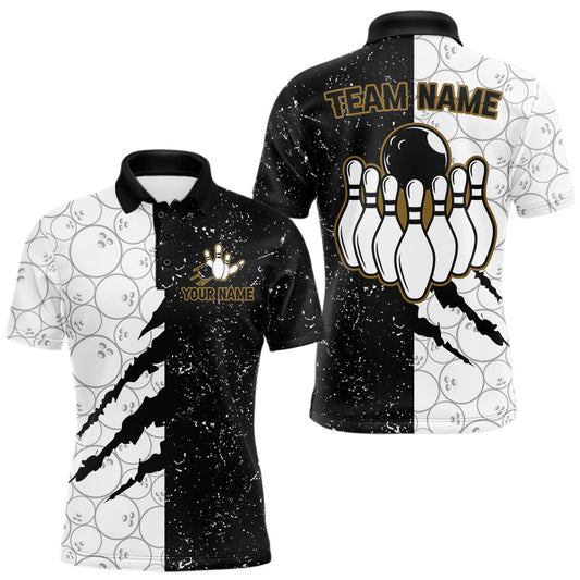 Maxcorners Custom Grunge Black White Bowling Shirt For Men, Bowling Tournament Team Shirt Polo & 1/4 Zip LM0404