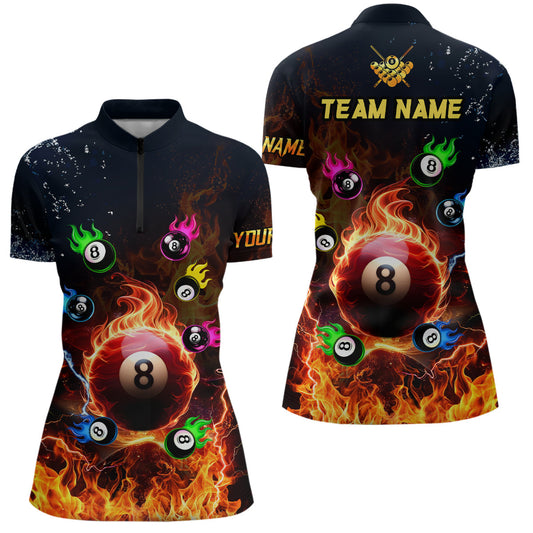 MaxCorners Billiard Colorful 8 Ball Fire Customized Name, Team Name 3D Polo Shirt For Women